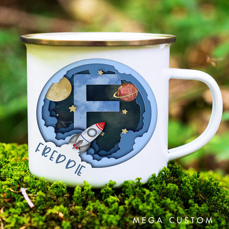Personalised Alphabet Space Camp Mug Space Themed Boys Gift Enamel Cup Space and Planets Birthday Gift Space Cup