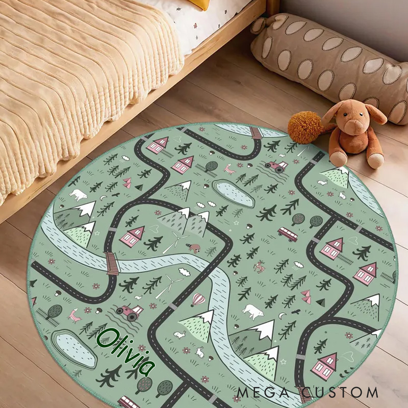 Personalized Mountain Forest Adventure Kids Room Rug Green Woodland Round Kids Rugs Road Child Playroom Mat Outdoor Lovers Gift