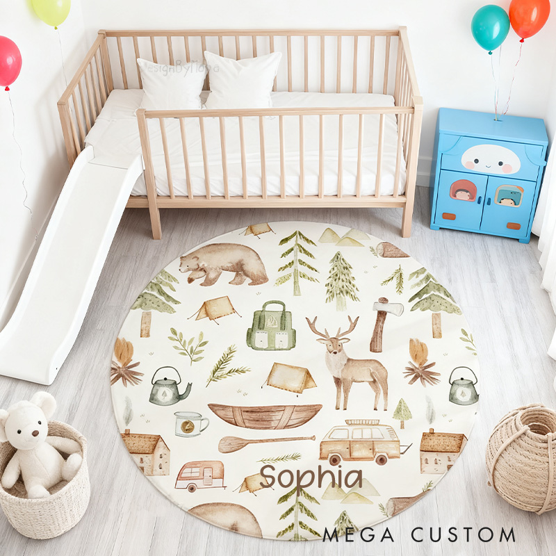 Personalized Woodland Camping Round Rug Kids Playroom Decor Mountain Forest Adventure Kids Room Rug Outdoor Lovers Gift
