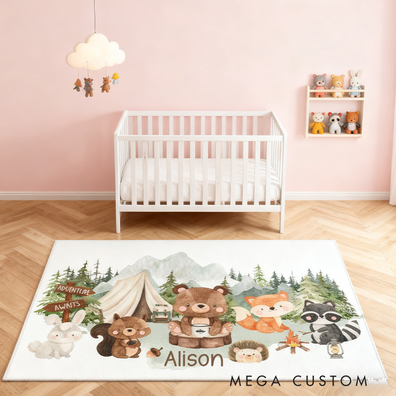 Personalized Woodland kid rug Forest kid decor Area rug for kids room  Camping rug  Camping Critters Rug Outdoor Lovers Gift