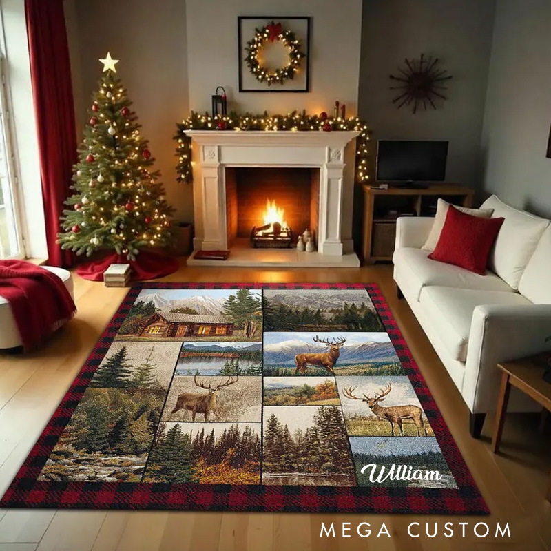 Personalized Deer and Mountain Landscape Rug Rustic Cabin Area Carpet Nature Lodge Home Decor Gift Deer Forest Holiday Home Decor Xmas Decor Rug