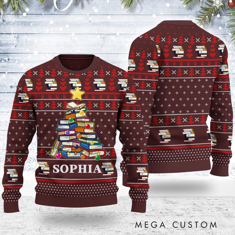 Personalized Book Pine Christmas Ugly Sweater Christmas Gift Ugly Sweater for Book Lovers Reader Bookworm Bookish