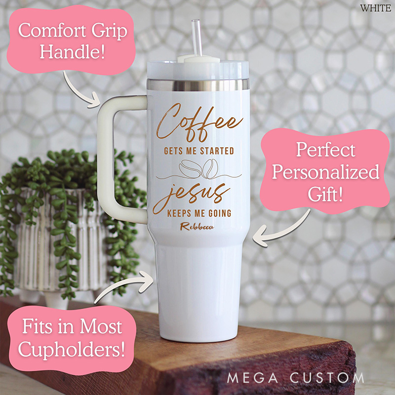 Personalized Coffee and Jesus 40oz Tumbler with Custom Name with Handle and Straw Insulated Large Water Bottle Cup Christian Gift for Coffee Lover
