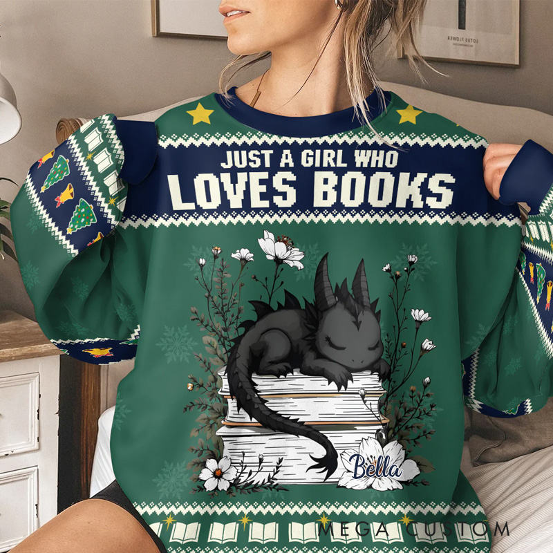 Personalized Just a Girl Who Loves Books and Dragons Ugly Sweater Christmas Gift Ugly Sweater for Book Lovers Reader Bookworm Bookish Librarian