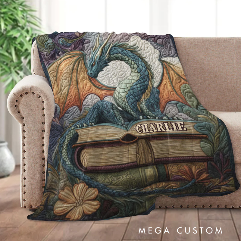 Personalized Dragon Throw Blanket Custom Book and Dragon Blanket for Book Lovers Reader Blanket with Name for Bookworm Librarian Gift