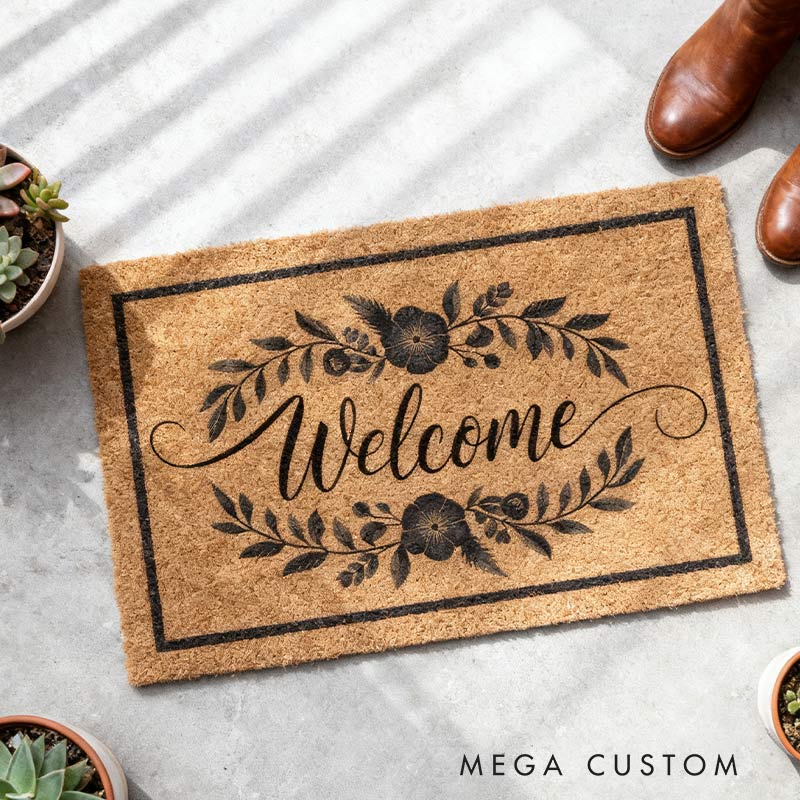 Personalized Blue Floral Welcome Doormat Last Name Doormat Custom Door Mats Welcome Doormat for Garden Lovers