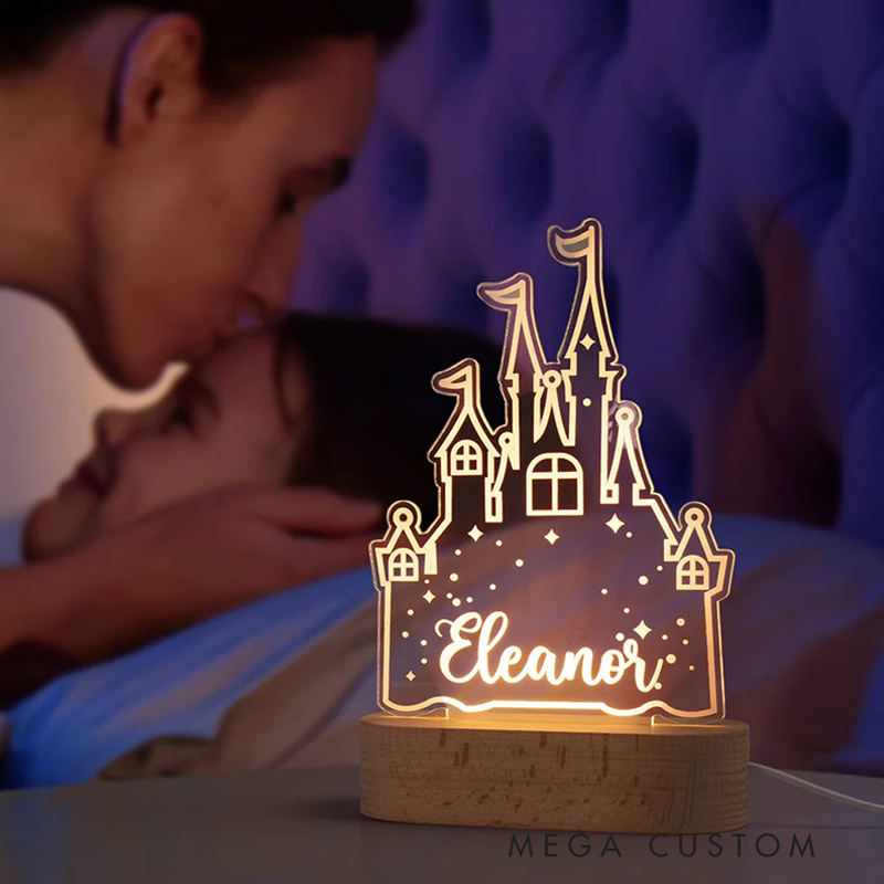 Personalized Cartoon Princess Castle Name Acrylic LED Night Light with Wooden Base Home Decor Birthday Children's Day Gift for Daughters Girls
