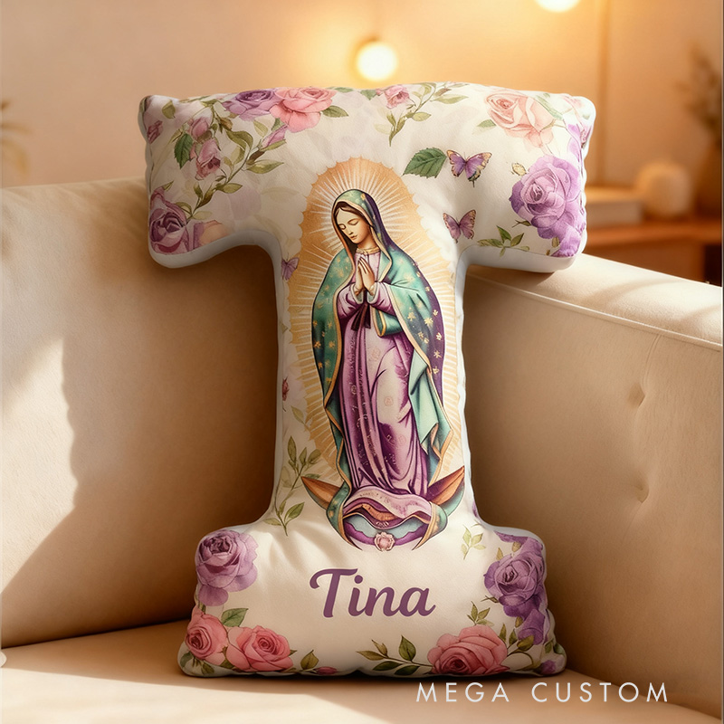 Personalized Our Lady of Guadalupe Purple Letter Pillow with Custom Name Religious Home Decor Catholic Gift Mom Virgen de Guadalupe Graphic 3D Print