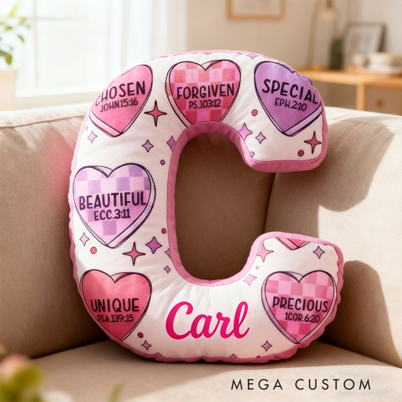 PersonalizedBible Verse Heart Shaped Letter Pillow with Custom Name Religious Home Decor Christian Gift Valentine Gift Encouragement Graphic 3D Print