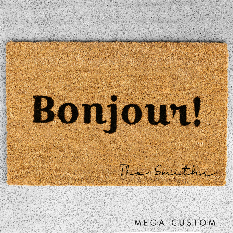 Personalized Bonjour Doormat with Custom Family Name for Home Entrance Gift