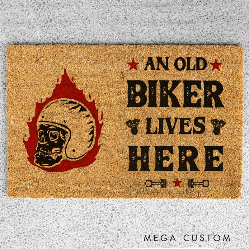 Personalized An Old Biker Lives Here Doormat with Helmet Skull and Flame Design for Motorcycle Lovers Gift