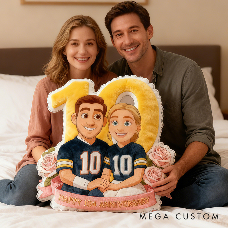 Personalized 10th Anniversary Football Player Pillow with Custom Couple Portrait and Romantic Floral Design Anniversary Gift Valentines Day