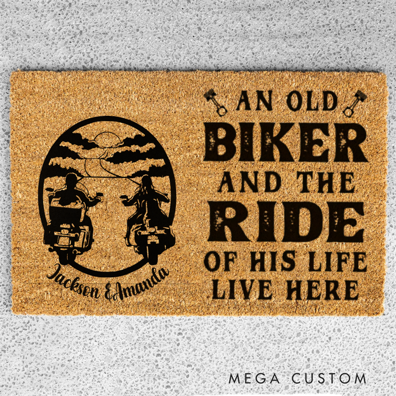 Personalized An Old Biker and the Ride of His Life Live Here Doormat with Custom Names for Motorcycle Enthusiasts