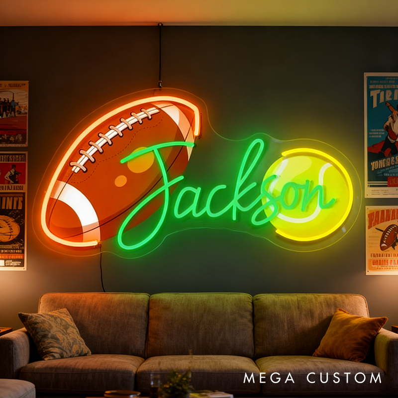 Personalized Football and Baseball Neon Sign with Custom Name for Sports Fans 
