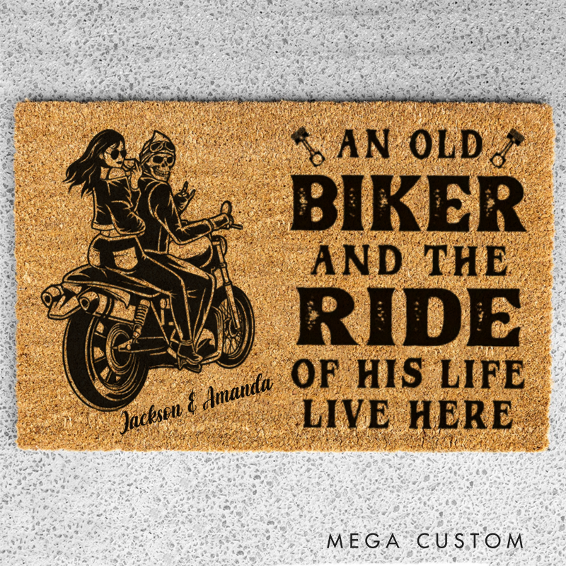 Personalized An Old Biker and the Ride of His Life Live Here Doormat with Custom Names and Motorcycle Couple Design