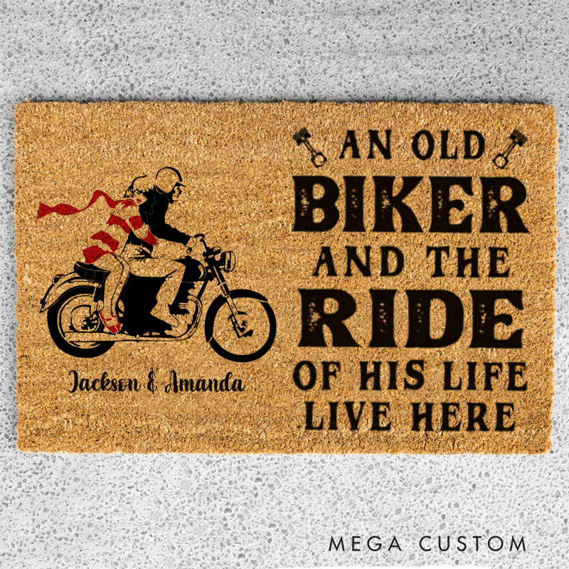 Personalized An Old Biker and the Ride of His Life Live Here Doormat with Custom Names and Classic Motorcycle Couple Design