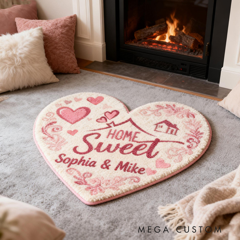 Personalized Home Sweet Home Doormat Custom Heart-Shaped Name Rug for Couples New Home Gifts Valentine's Day Gifts