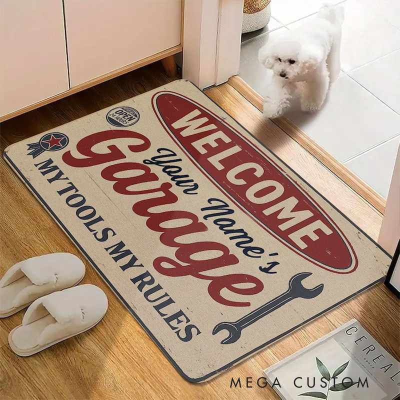 Personalized Garage Doormat Custom Name Welcome Mat My Tools My Rules Design Coir Welcome Mat for Car Lovers