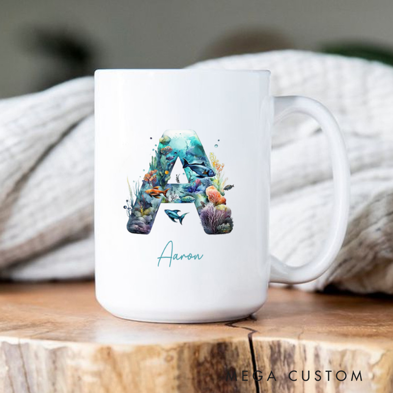 Personalized Fishing Mug Coffee Mug Ocean Fish Letter Design Custom Name Unique Gift for Anglers and Sea Life Lovers