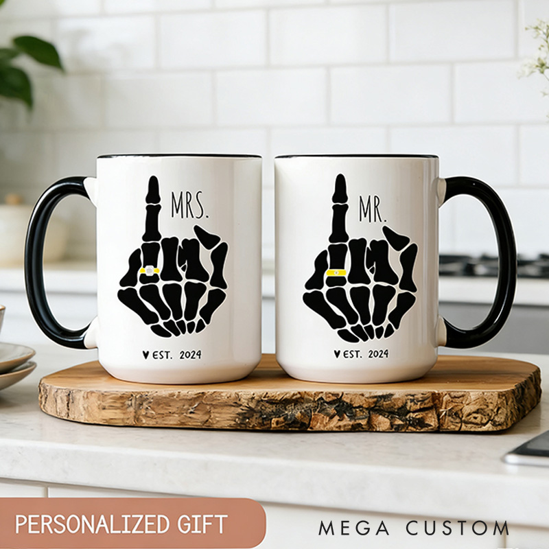 Personalized Geek Funny Mr and Mrs Mug Skeleton Hand Couple Coffee Mug Set Goth Engagement Gift for Geek