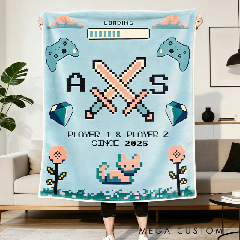 Personalized Gamer Couple Blanket Pixel Art Anniversary Gift Video Game Tapestry Blanket Geek Game Lover Gift