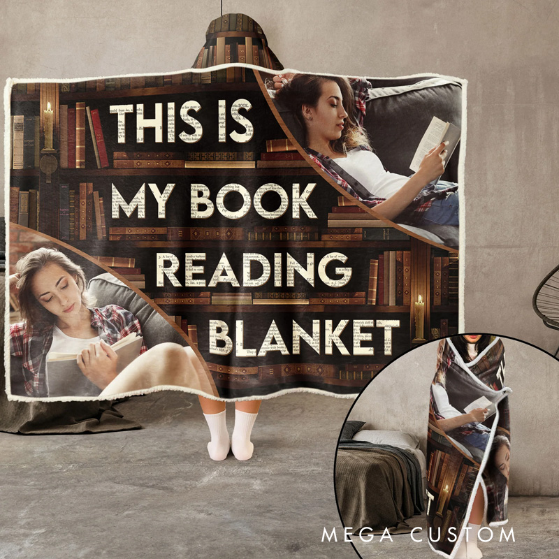 Personalized My Book Reading Blanket Hoodie Custom Photo Wearable Blanket Hoodie with Name for Book Lovers Bookworm Birthday Gift for Bookworm