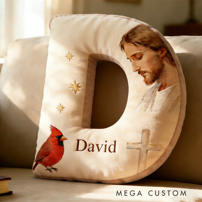 Personalized Jesus with Cardinals Letter Pillow with Custom Name Religious Home Decor Jesus Christ Graphic 3D Print Pillow Christian Gift Faith Gift