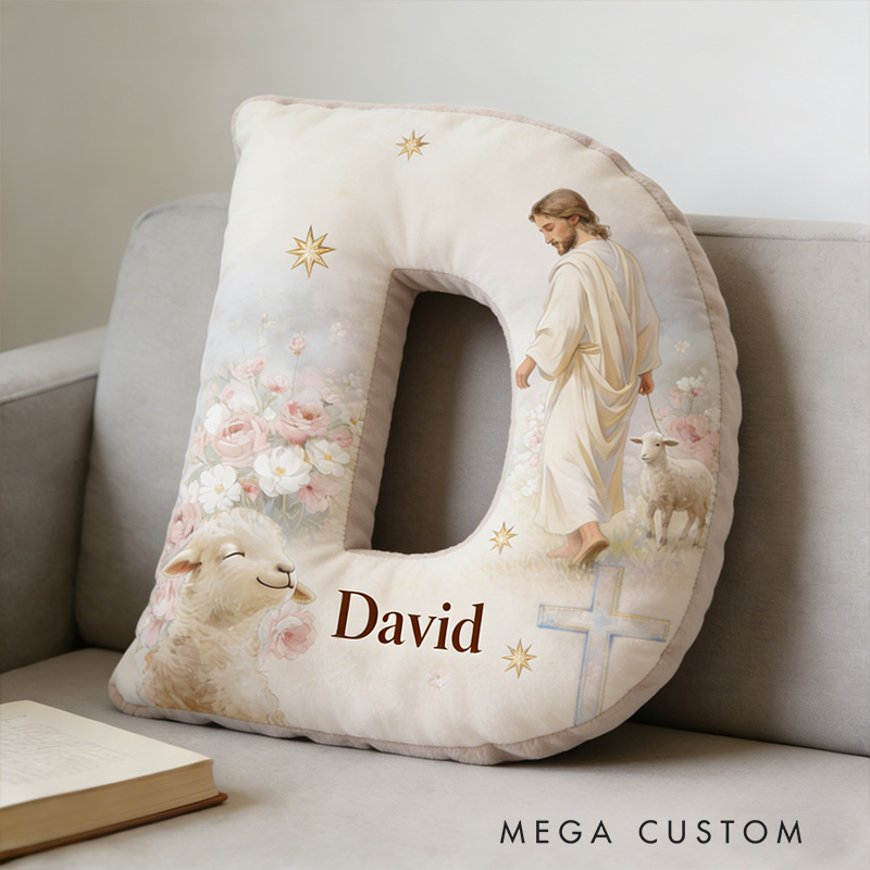 Personalized Jesus and Lamb Letter Pillow with Custom Name Religious Home Decor The Lost Sheep Graphic 3D Print Pillow Jesus Good Shepherd Faith Gift