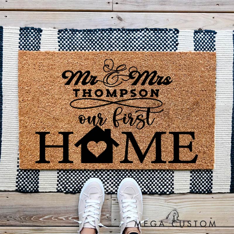 Personalized Our First Home Doormat Custom Welcome Mat with Name for Couple Valentine's Day gifts Housewarming Gift 