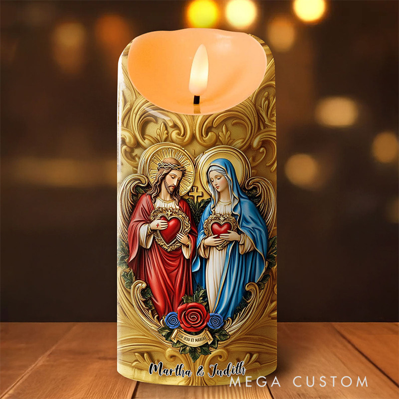 Personalized Eternal Hearts of Heaven Flameless LED Candle with Name Catholic Religious Decor Sacred Heart of Jesus and Virgin Mary Prayer Faith Gift