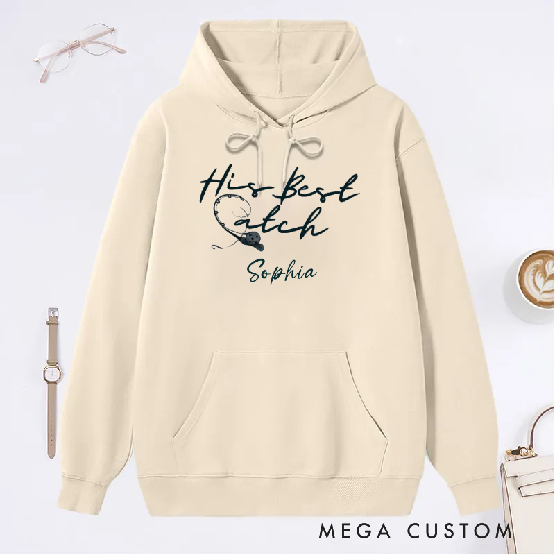 Personalized Fishing Couple Hoodies Funny Fishing Sweatshirt His or Her Best Catch Design Custom Name Romantic Gift for Fishing Lovers Wife Husband or Couples