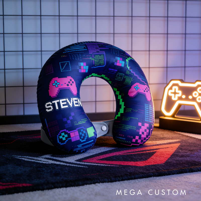 Personalized Glitch Art Style Gamer Graphic 3D Print Game Controller U-Shaped Pillow for Game Lovers Travel Neck Pillow Christmas Gift for Kids
