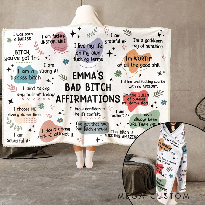 Personalized Bad B*tch Affirmations Blanket Hoodie Custom Wearable Blanket Hoodie with Name for Book Lovers Bookworm Birthday Gift