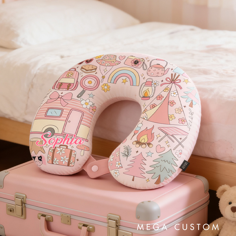 Personalized Camping Adventure Travel U-Shaped Pillow with Custom Name for Outdoor Camping and Hiking Lovers Gift for Kids