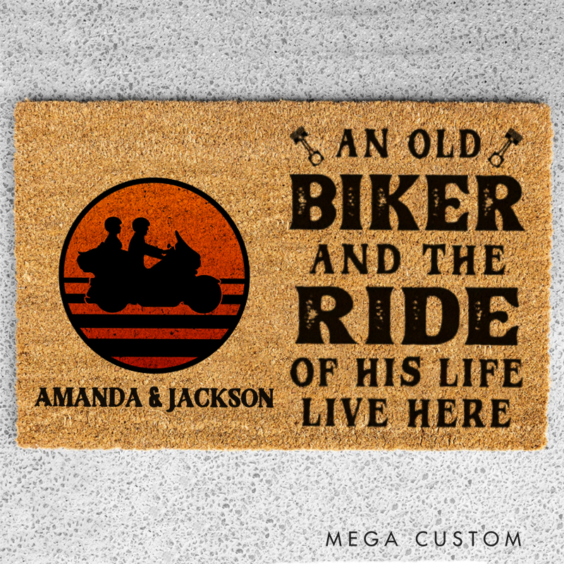 Personalized An Old Biker and the Ride of His Life Live Here Doormat with Sunset Motorcycle Couple Design Gift