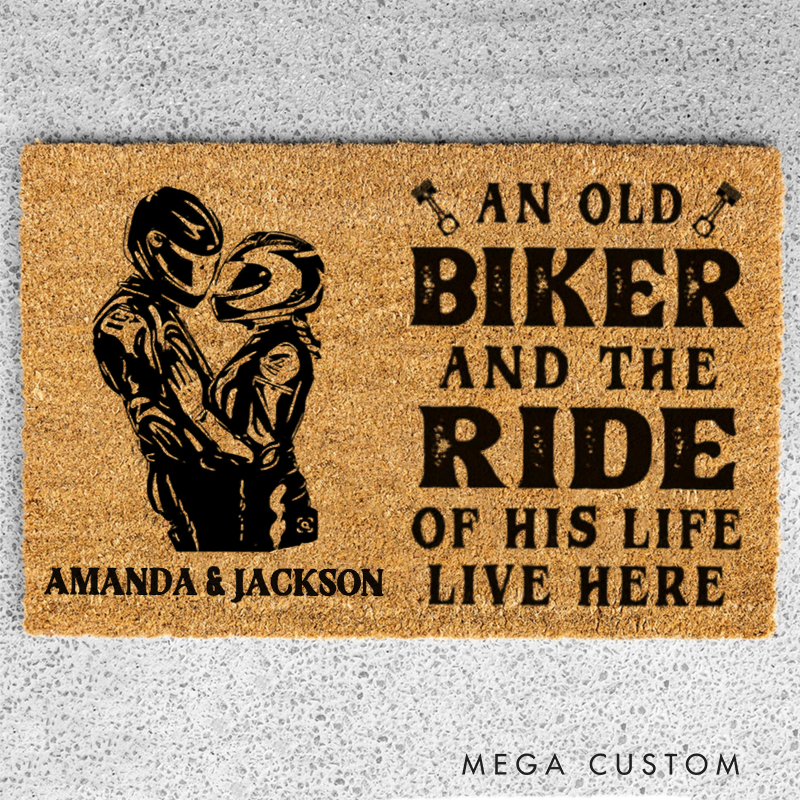 Personalized Biker and the Ride of His Life Live Here Doormat with Romantic Motorcycle Couple Design Design Gift