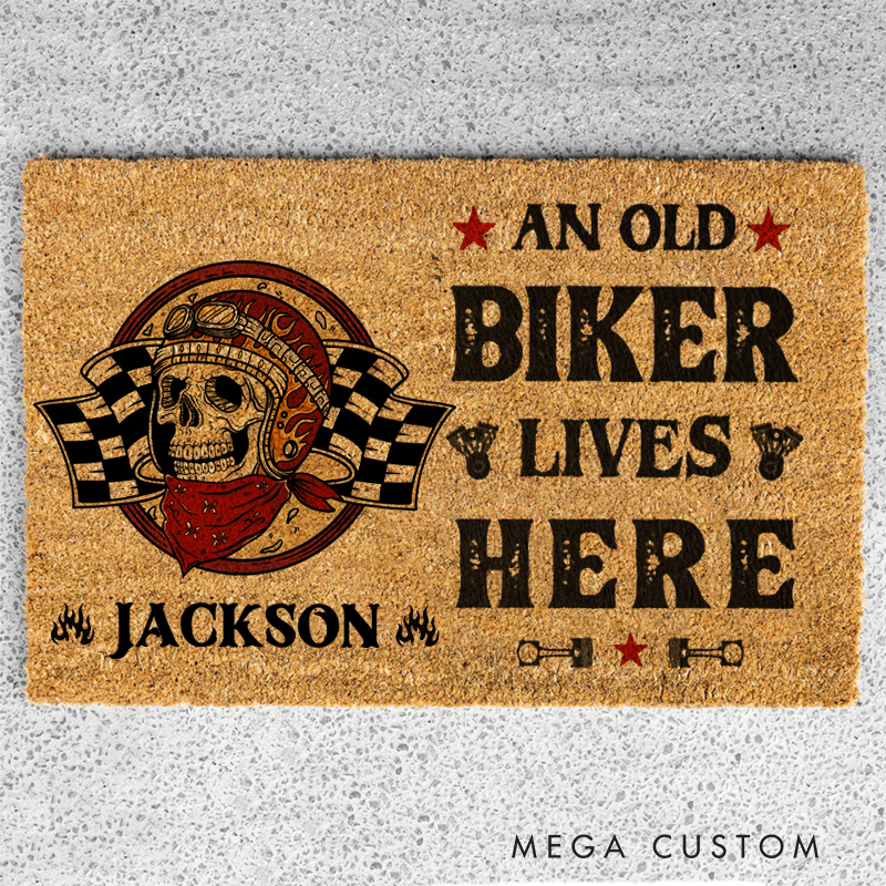 Personalized An Old Biker Lives Here Doormat Skull and Checkered Flag Design Gift for Motorcycle Enthusiasts