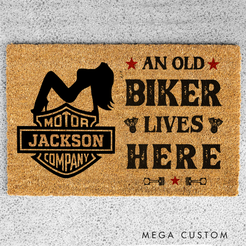 Personalized An Old Biker Lives Here Doormat with Custom Name and Bold Design Perfect Gift for Motorcycle Enthusiasts