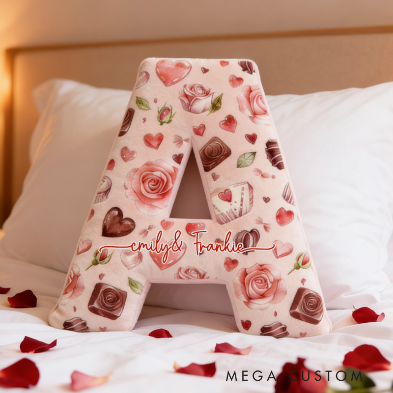 Personalized Chocolate and Heart Alphabet Throw Pillow with Name Graphic 3D Print Cupcake Heart Pillow for Boyfriend Girlfriend Valentines Day Gifts Baking Lover Gift
