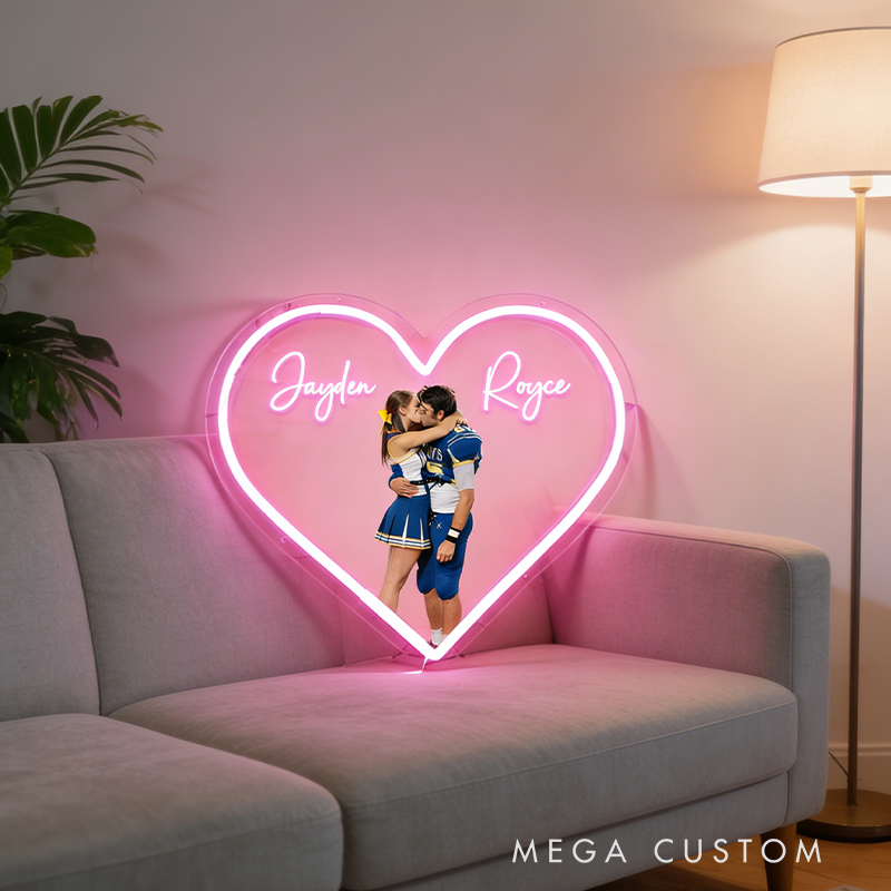 Personalized Football Player Couple Heart Neon Sign with Names and Photo for Romantic Valentine’s Day Decor