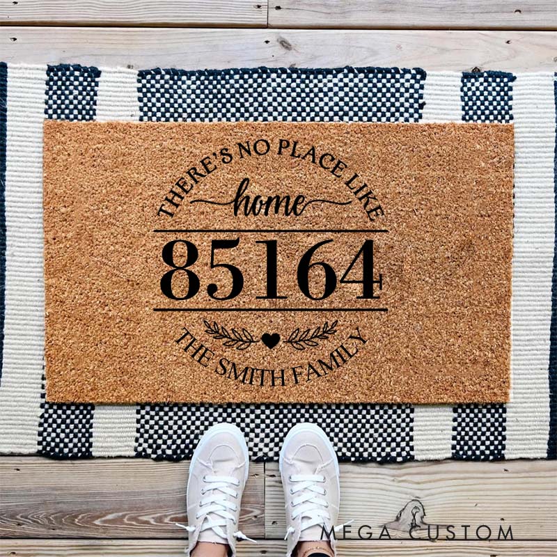 Personalized There's No Place Like Home Doormat Custom Zip Code And Family Name Durable Coir Rug Decorative Accent For Entryways Or Housewarming Gifts