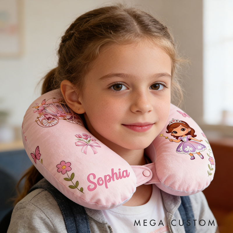 Personalized Christmas Gift Neck Pillow with Princess Carriage and Fairy Tale Pastel Design and Custom Name for Magic Lovers Travel Neck Pillow