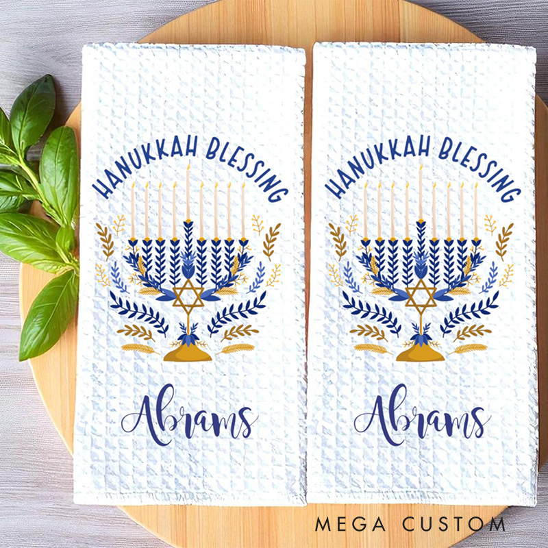Personalized Hanukkah Blessing Soft Waffle Tea Towel with Name Kitchen Decor Jewish Holiday Menorah Dish Towel Happy Hanukkah Gift for Jewish Family