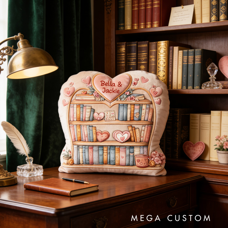 Personalized Valentine Bookcase Throw Pillow Graphic 3D Bookshelf Pillow with Name for Girlfriend Wife Bookish Bookworm Valentines Day Gift