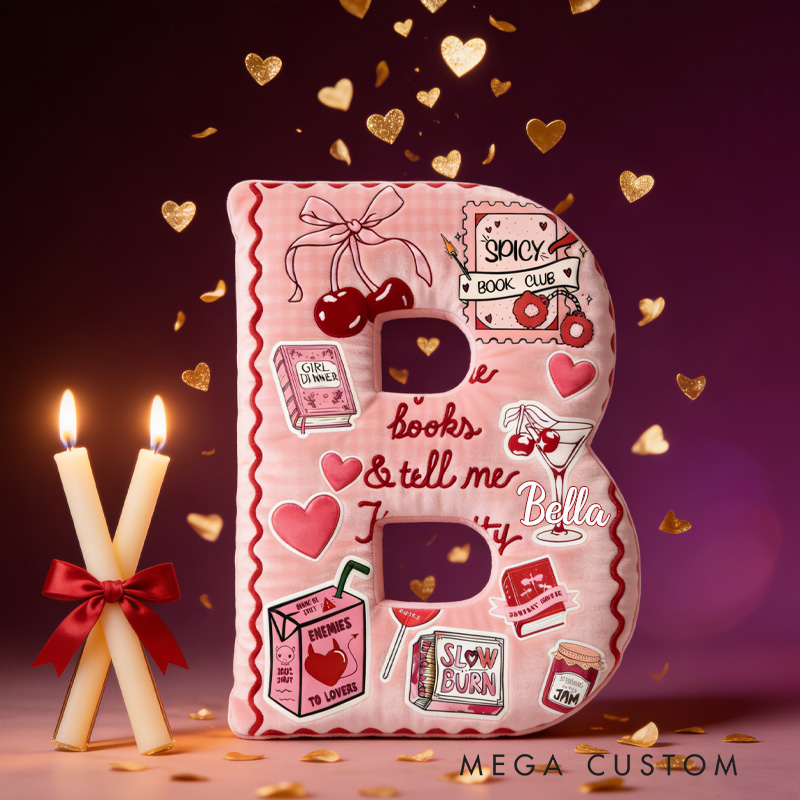 Personalized Buy Me Books Alphabet Throw Pillow Graphic 3D Book Club Letter Pillow with Name for Girlfriend Wife Book Lover Bookish Bookworm Valentines Day Gift
