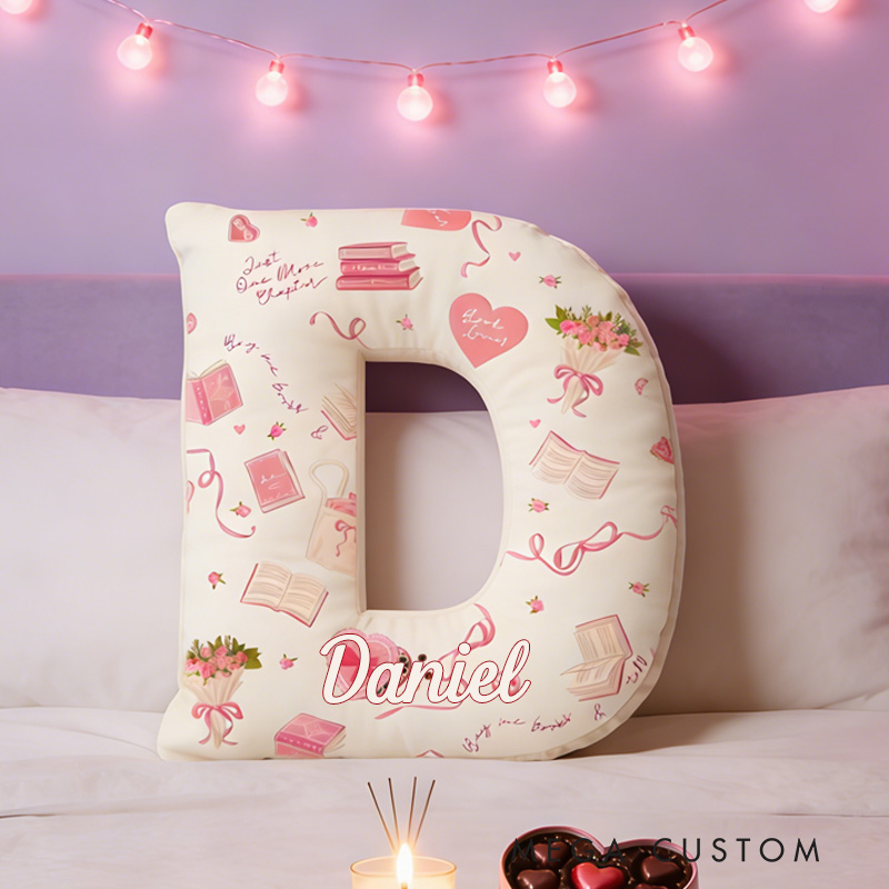 Personalized Buy Me Books Alphabet Throw Pillow Graphic 3D Book Lover Letter Pillow with Name for Girlfriend Wife Bookish Bookworm Valentines Day Gift