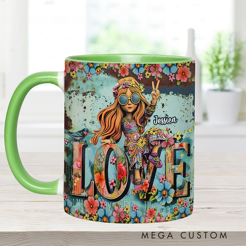 Personalized Hippie Accent Mug Custom Name Hippie Girl Hippie Soul Peace Love Mug for Music Lover Gift