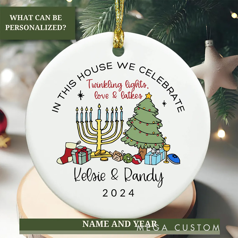 Personalized Hanukkah Christmas Ornament with Custom Family Name and Year Jewish Christmas Decor Merry Chrismukkah Gift Interfaith Family Gift