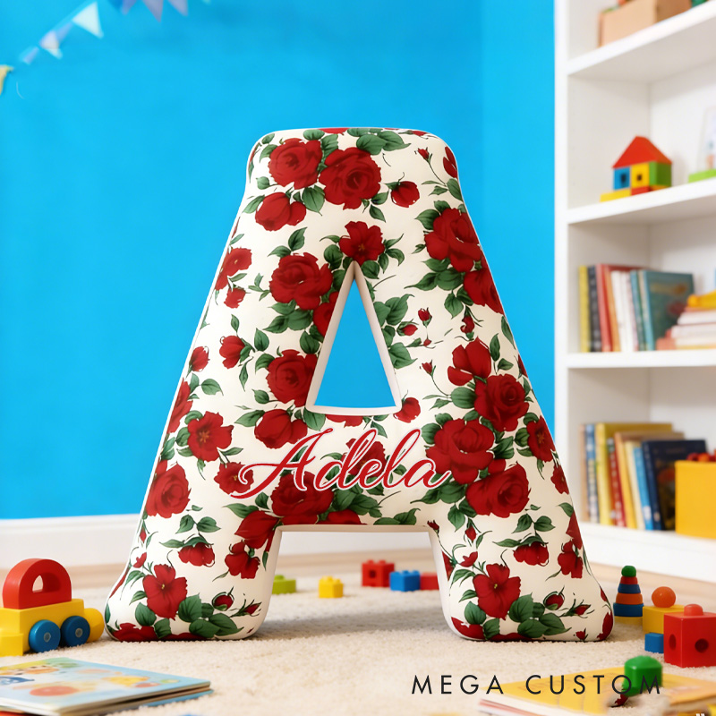 Personalized Red Rose Alphabet Throw Pillow Graphic 3D Print Rose Pillow with Name for Girlfriend Gardener Valentine's Day Gifts Loving Room Decor