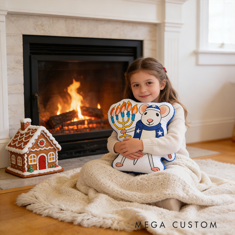Personalized Hanukkah Mouse Pillow with Custom Name Cute Jewish Holiday Decoration Festive Winter Decor Kids Dreidel Party Favor Happy Hanukkah Gift